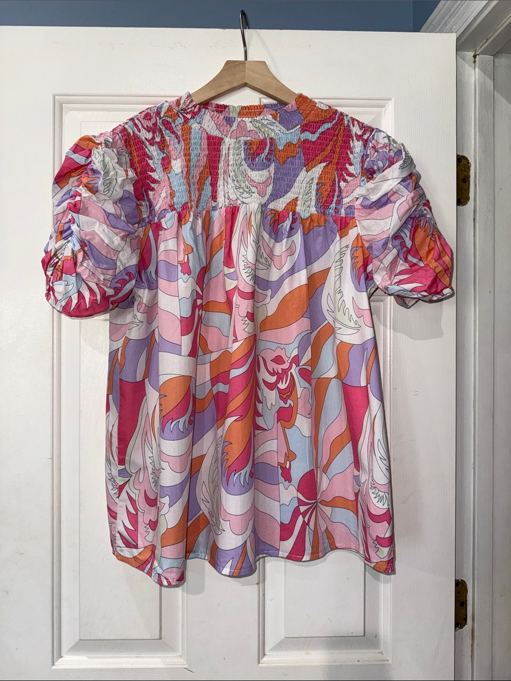 Women's Pink Multi-Color Puff Sleeve Smocked Yoke Top